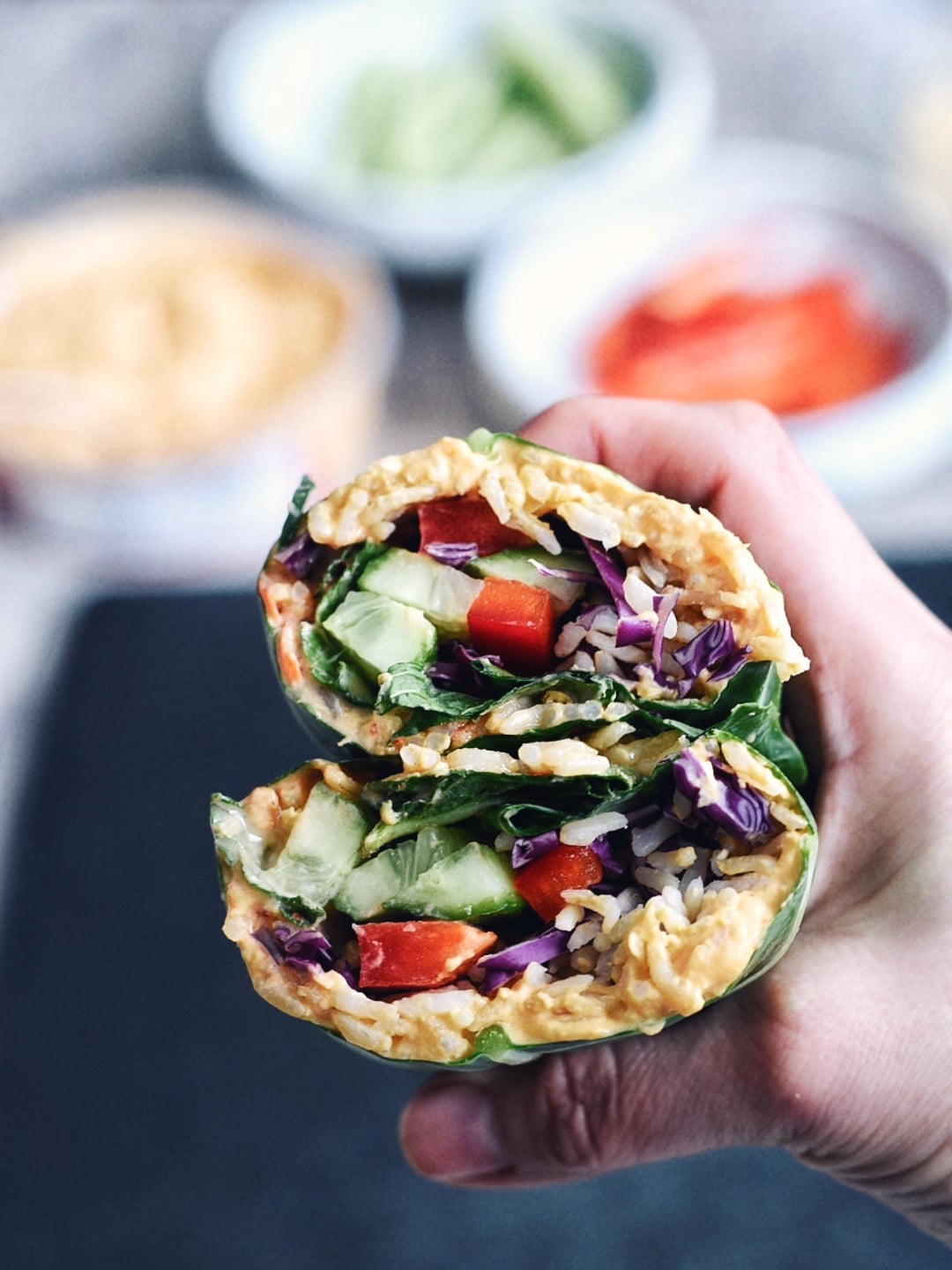 Vegan Asian Collard Wraps with Spicy Peanut Sauce
