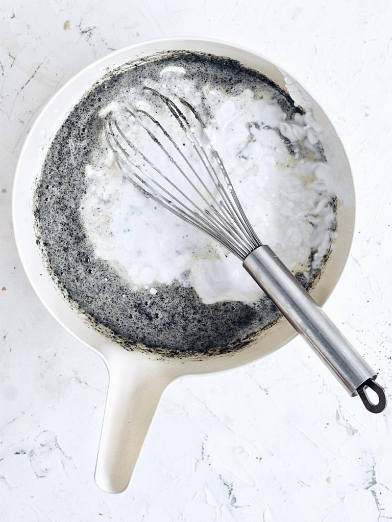 mixing bowl with evaporated milk and coconut milk