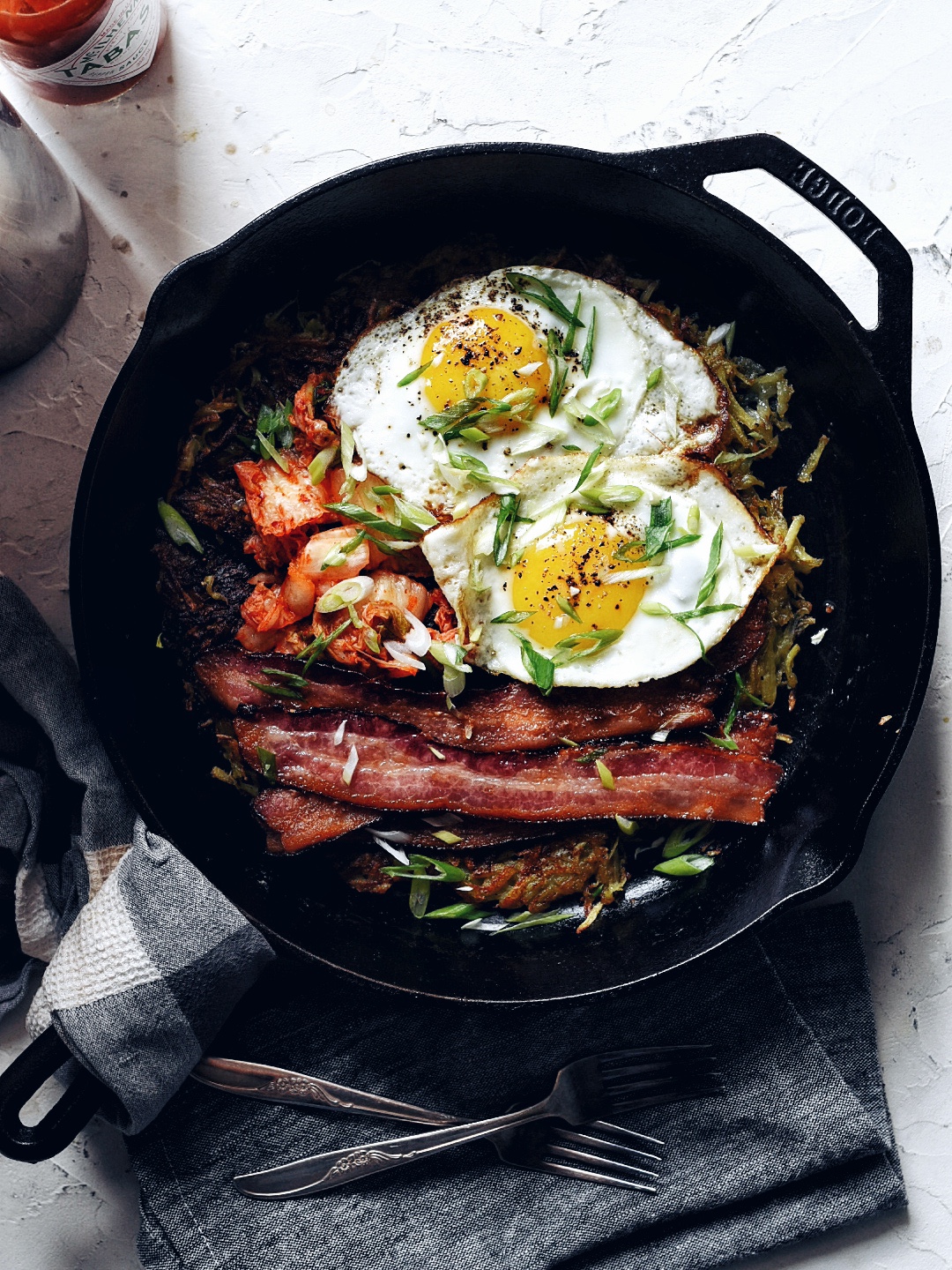 Hash Browns with Kimchi + Bacon + Eggs