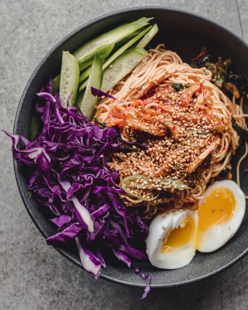 Easy Korean Spicy Cold Noodles (Bibim Guksu) with Kimchi