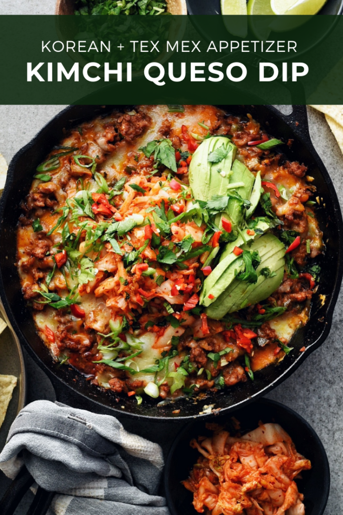 kimchi queso dip in cast iron pan with chips on the side