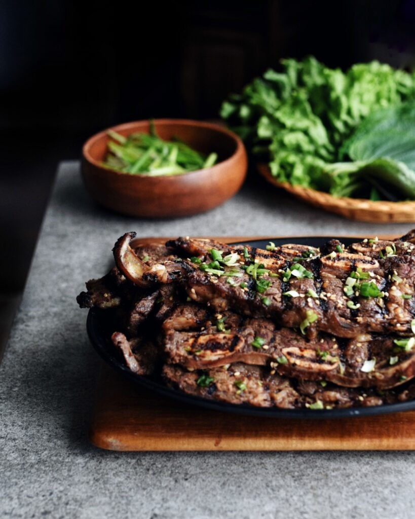 side view of LA Galbi on cutting board