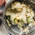 close up of Korean potato salad in medium saucepan
