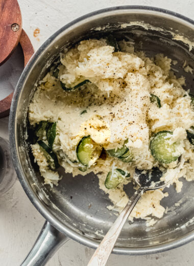 close up of Korean potato salad in medium saucepan