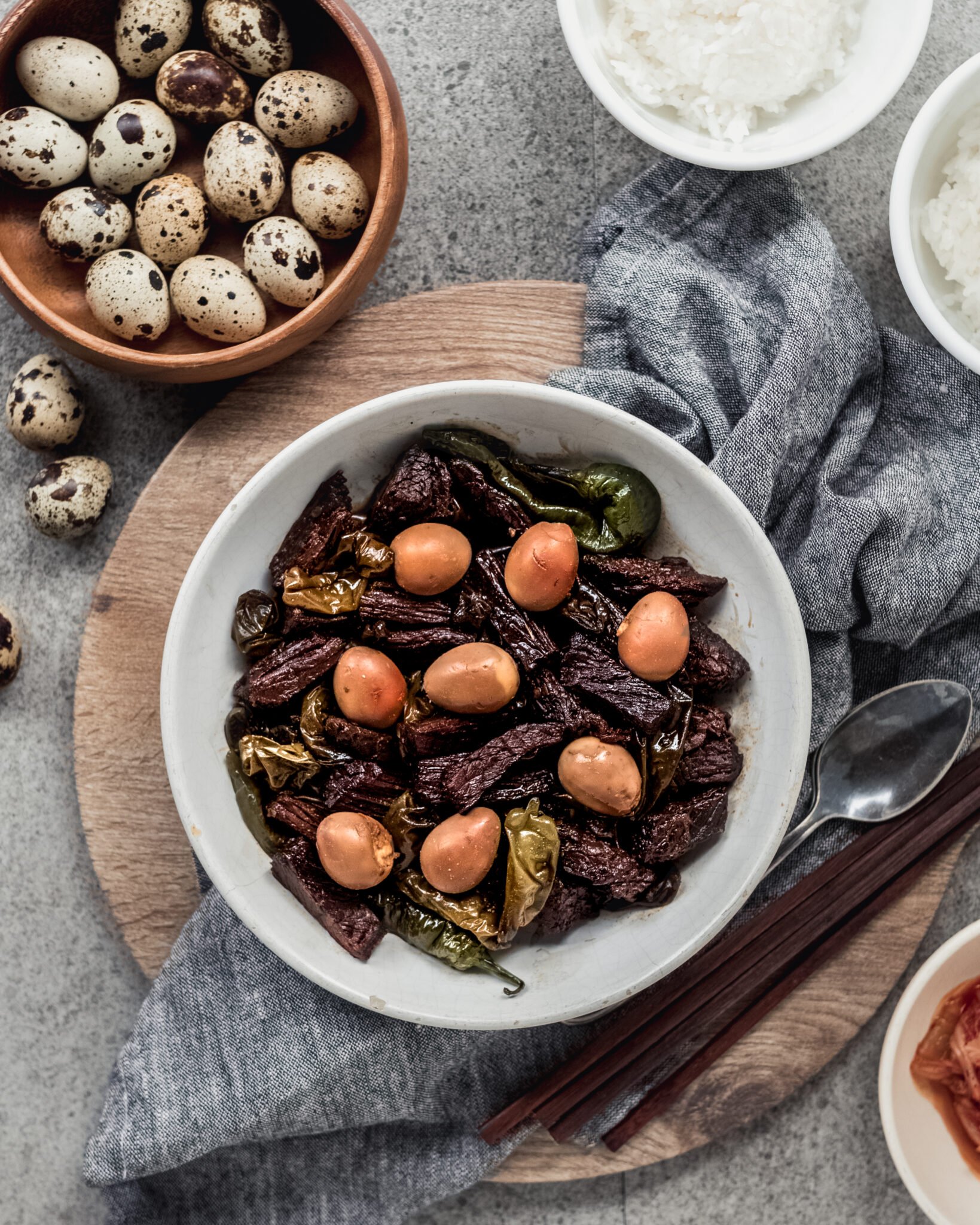 Korean Braised Soy Sauce Beef with Quail Eggs (Jangjorim) The