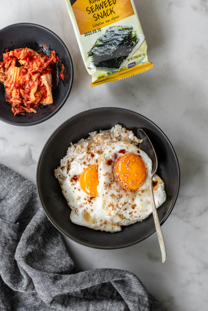 bowl filled with korean egg rice or gyeran bap