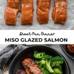 miso glazed salmon on sheet pan and in bowl with broccoli and purple rice
