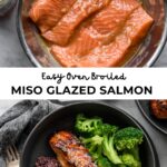 miso glazed salmon with purple rice and broccoli