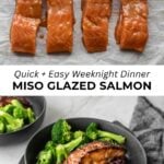 marinated miso salmon on sheet pan and miso glazed salmon in rice bowl with broccoli