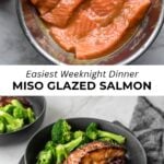 bowl with marinated miso salmon and cooked miso glazed salmon in rice bowl with broccoli