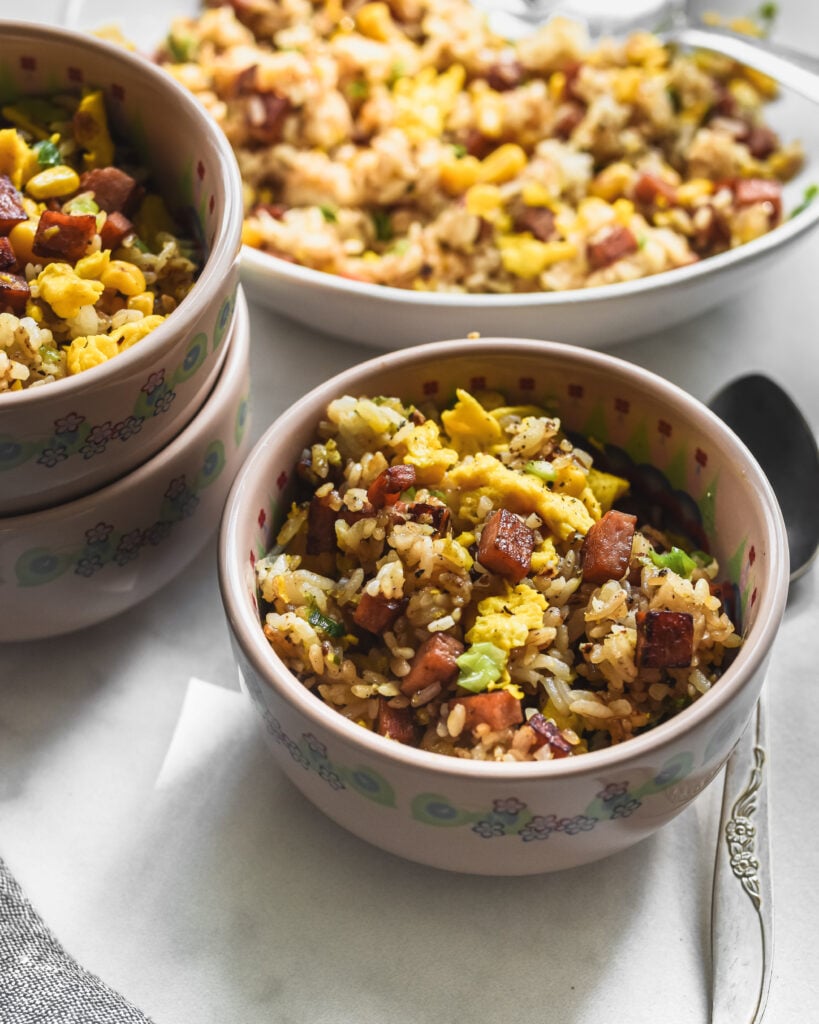 side view of bowl filled with Spam Fried Rice
