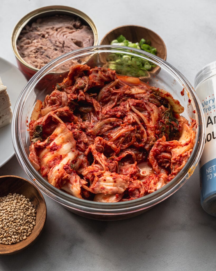 glass bowl filled with napa cabbage kimchi