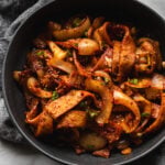 stir fried korean fish cake or eomuk bokkeum in a grey bowl
