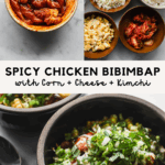 spicy chicken bibimbap in stone bowl with ingredients on top