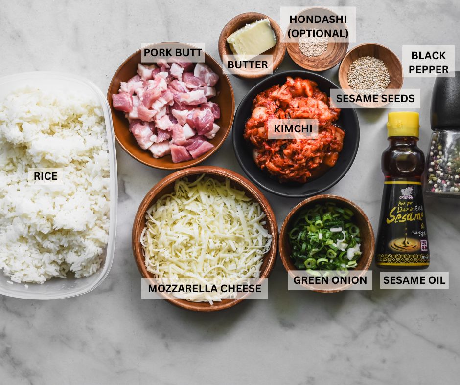 lablelled ingredients for cheesy kimchi fried rice