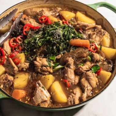 korean soy sauce braised chicken in shallow braiser