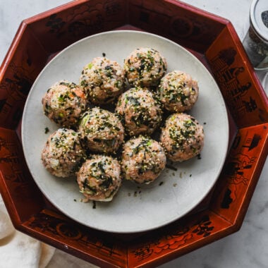 tuna mayo rice balls (jumeok bap) on white plate
