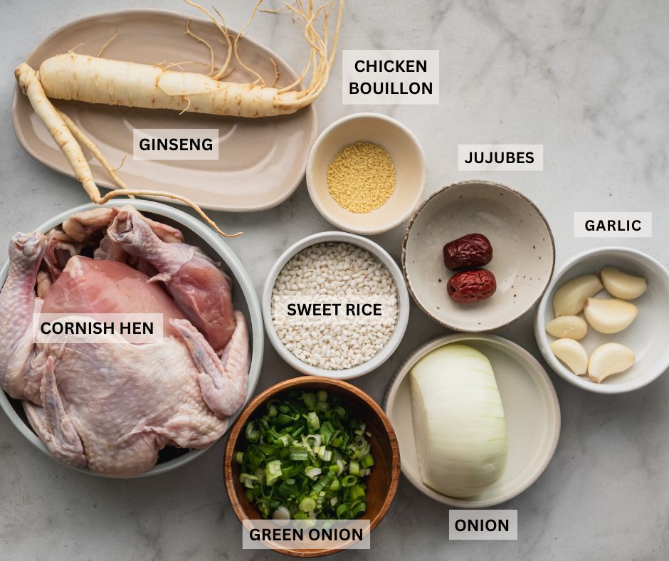 ingredients for korean ginseng chicken soup with labels