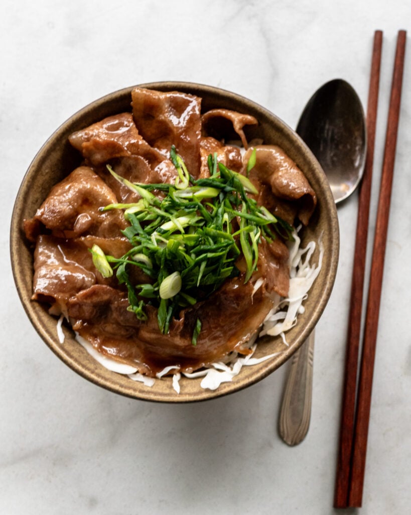 japanese butadon or pork donburi with spoon and chopsticks