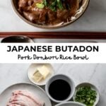 japanese butadon or pork donburi in bowl with ingredients underneath