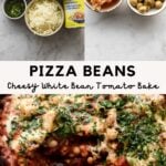 ingredients for pizza beans and cheesy white bean tomato bake in pan