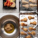 step by step of ingredients with panko crusted chicken drumsticks