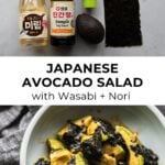 ingredients for avocado salad and bowl filled with japanese avocado salad underneath