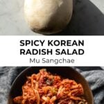 spicy korean radish salad in bowl with korean radish on top