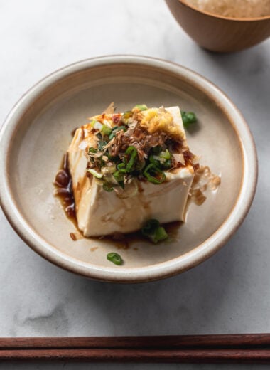 japanese cold tofu (hiyayakko) with soy sauce, green onion, ginger, and bonito flakes