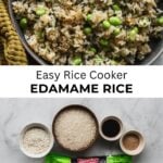 rice platter filled with edamame rice and ingredients underneath