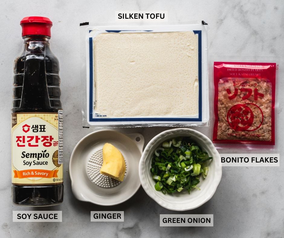 labelled ingredients for japanese cold tofu (hiyayakko)