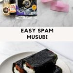 ingredients for spam musubi, musubi rice mold, and spam musubi stacked on a plate