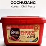 red tub of gochujang or korean chili paste with text overlay: a beginner's guide: Gochujang Korean Chili Paste