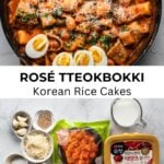 skillet filled with rose tteokbokki and ingredients underneath
