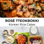 close up view of korean rose tteokbokki (rice cakes) with ingredients underneath