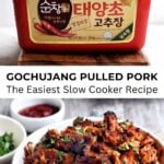 red tub of gochujang on top with gochujang pulled pork on bottom