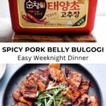 red tub of gochujang on top with spicy pork belly bulgogi on bottom