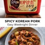 red tub of gochujang on top with platter of spicy korean pork on bottom