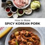 ingredients on top and platter of spicy korean pork on bottom