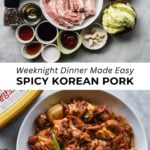 ingredients for spicy korean pork (jeyuk bokkeum) with platter of it underneath