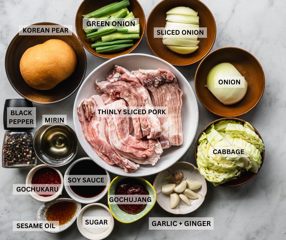 labelled ingredients for spicy korean pork (jeyuk bokkeum)
