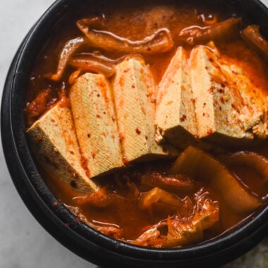 kimchi jjigae with tofu in korean earthenware pot