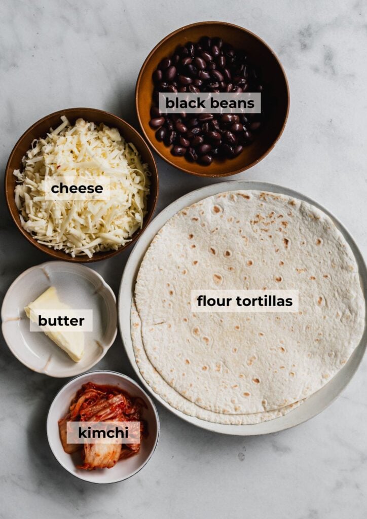 labelled ingredients for black bean kimchi quesadillas