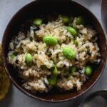 edmame rice in small brown bowl