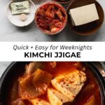 kimchi jjigae in clay pot with ingredients in small bowls