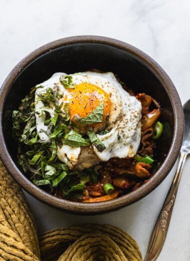 kimchi pork rice bowl in korean clay pot