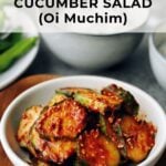korean cucumber salad (oi muchim) in bowl on table