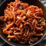 overhead view of spicy korean radish salad (mu sangchae)