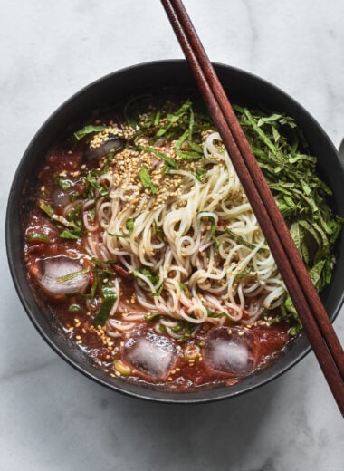 somyeon noodles in cold tomato broth (tomato somyeon) with chopsticks