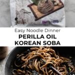 package of korean soba noodles with a bowl of perilla oil soba noodles